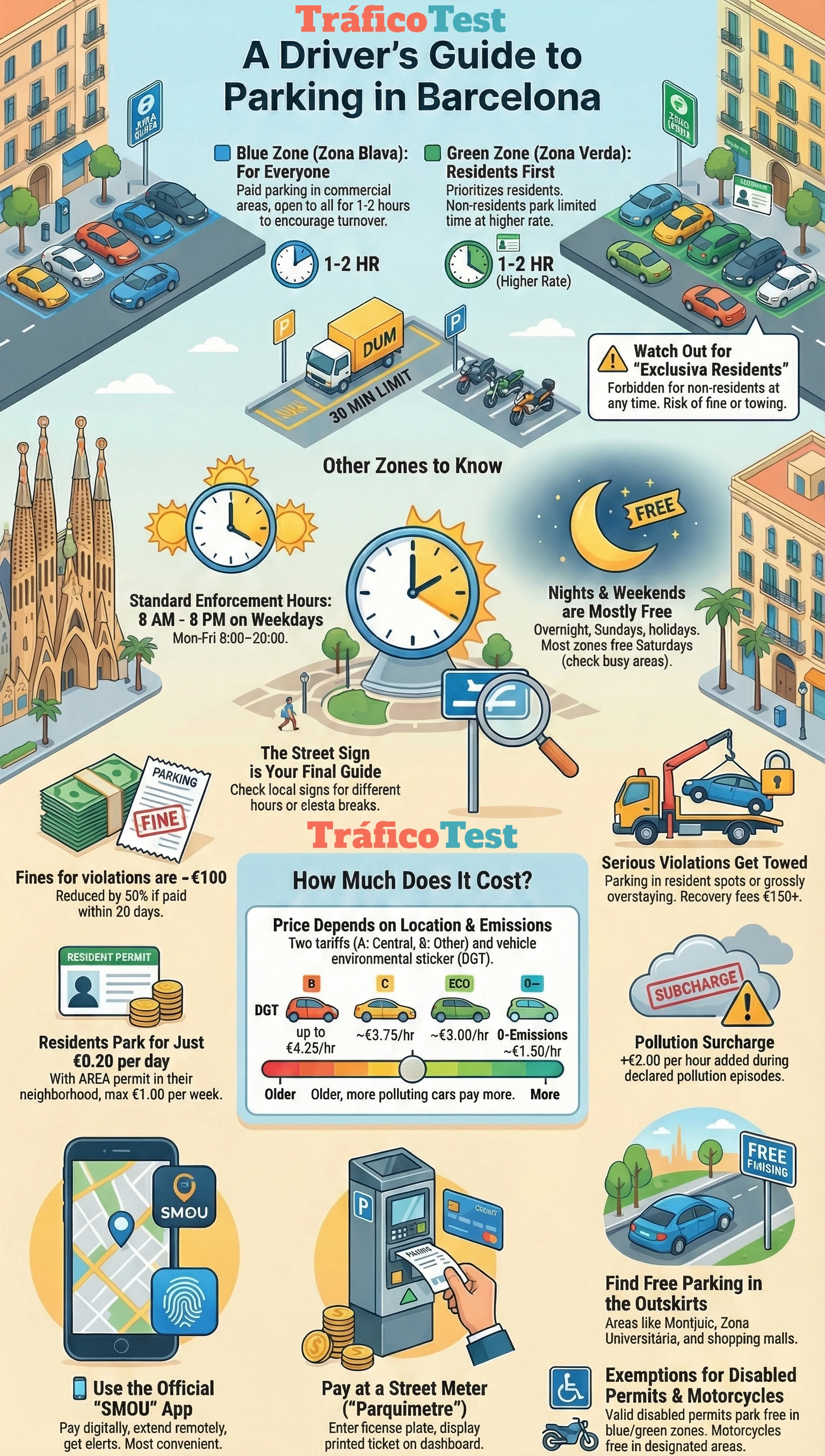 Aparcamiento en Barcelona: Zonas Azul y Verde, Precios, Multas y Apps (2026)