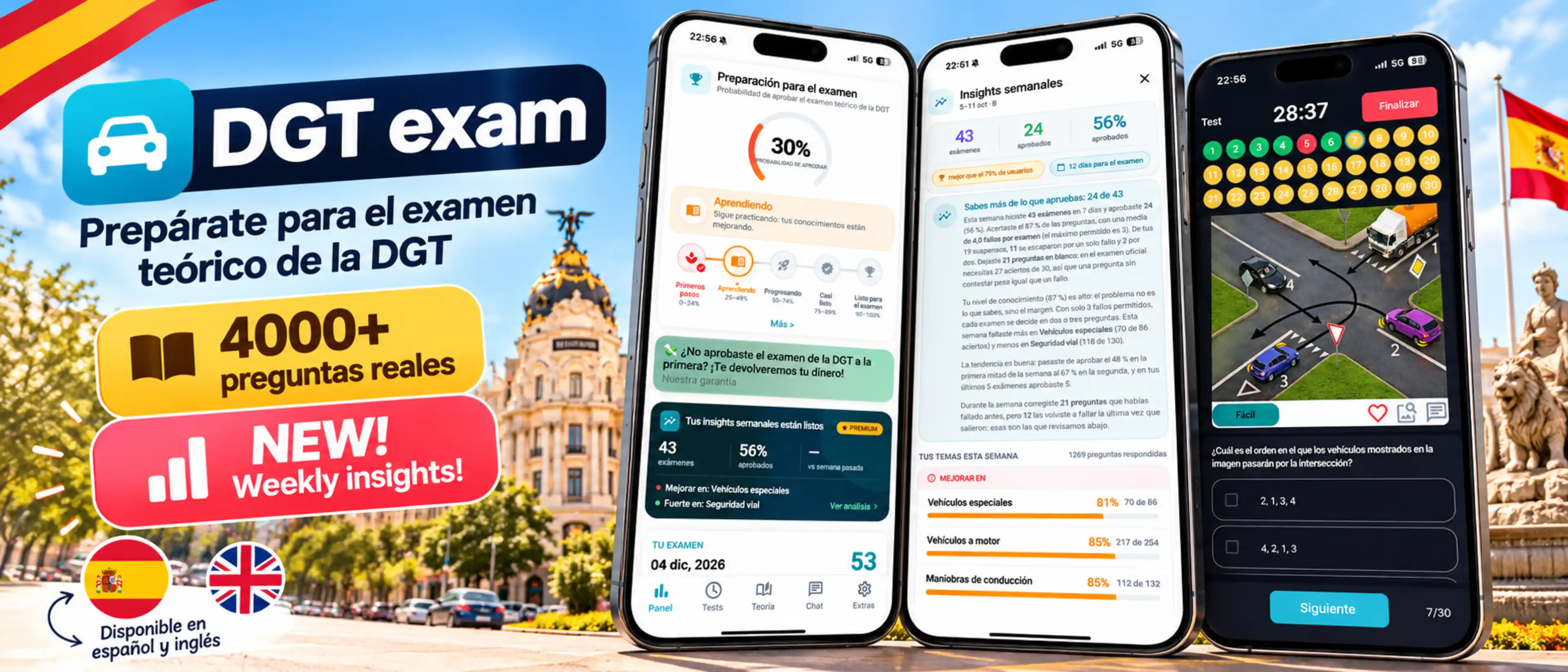 TraficoTest weekly insights: screens of the Monday report with weak blocks, topics you own, repeated questions and the plan for the week